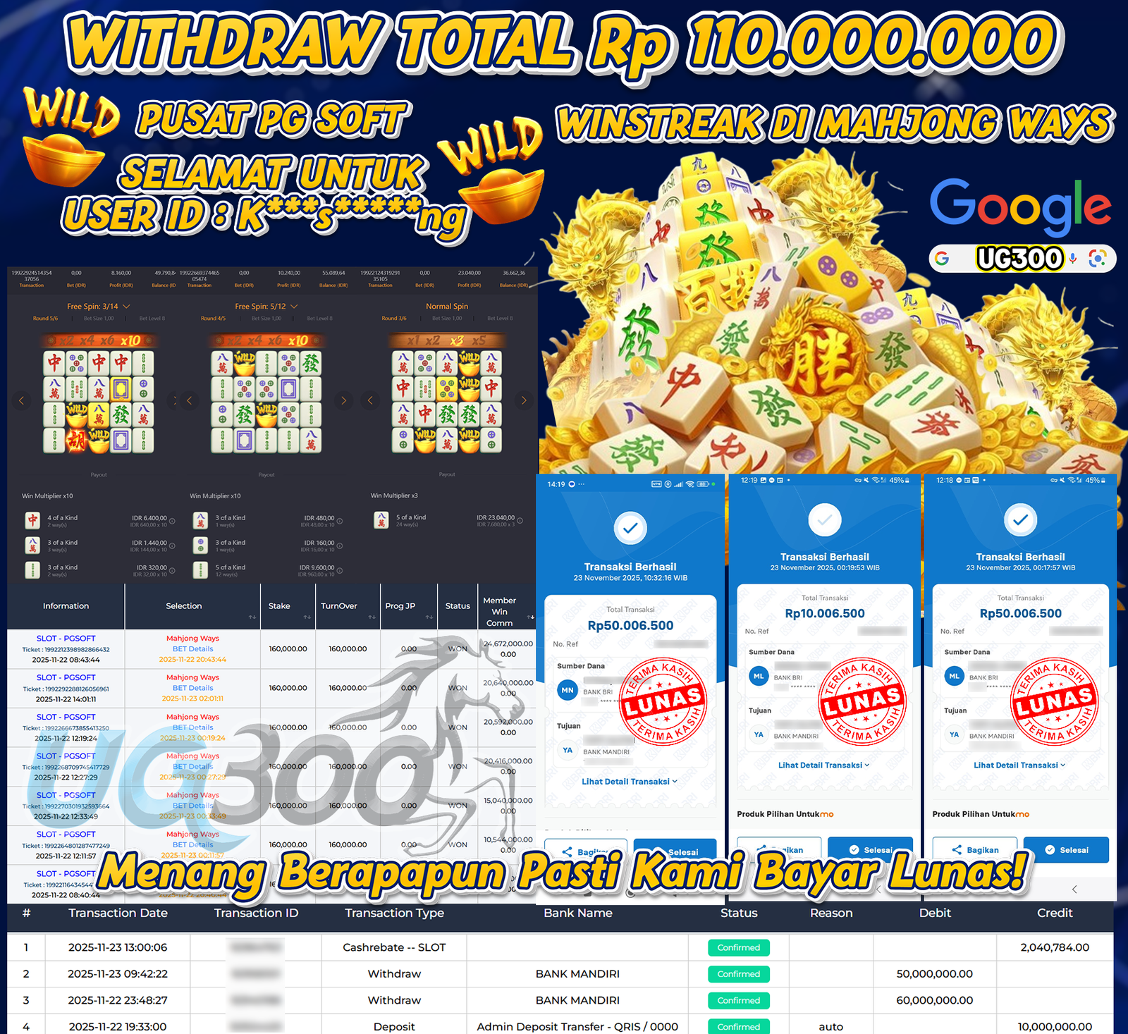 UG300 BERMAIN DI MAHJONG WAYS JACKPOT WINSTREAK  Rp.110,000,000- DI BAYAR TUNTAS